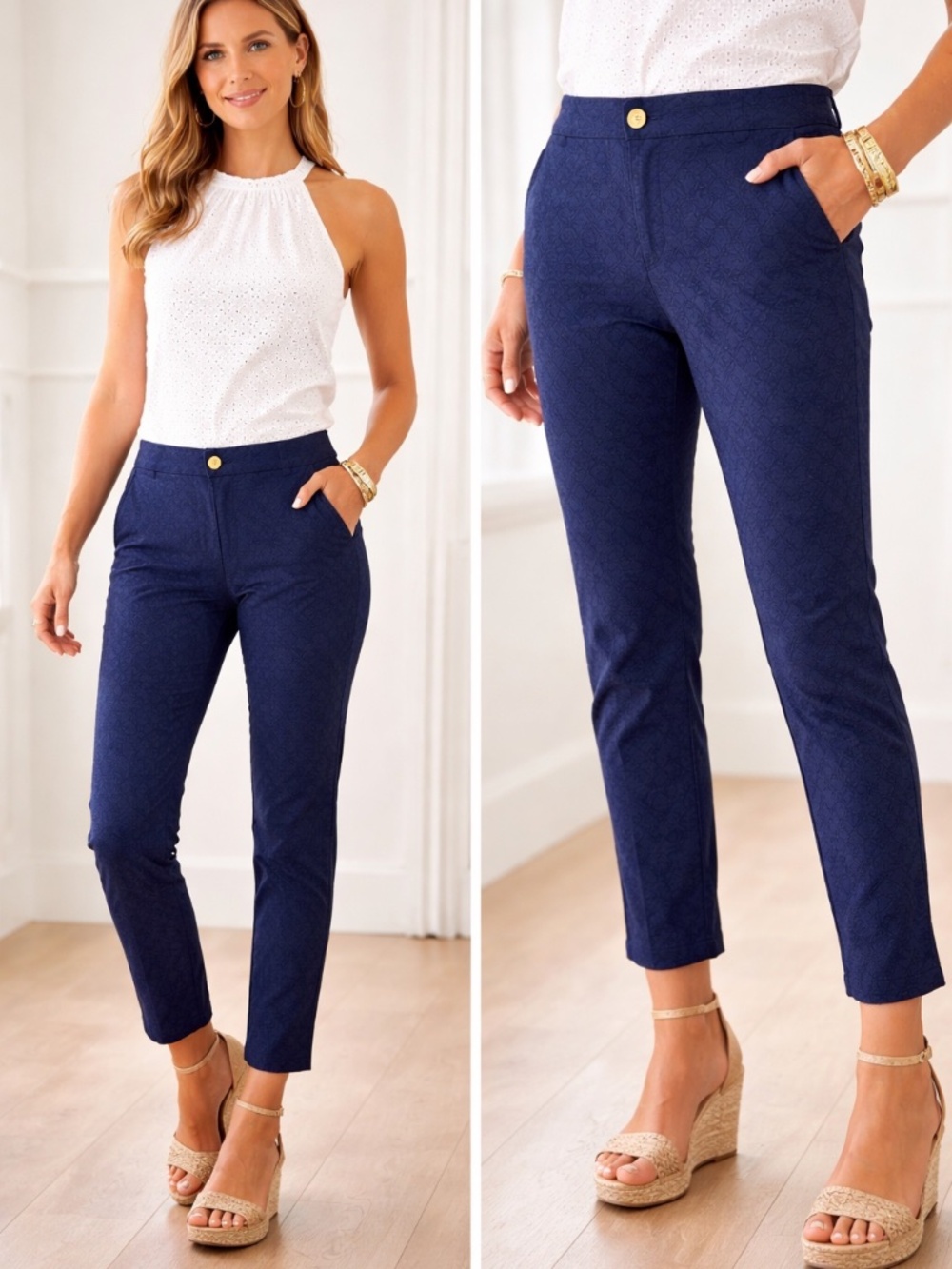 Lilly Pulitzer Navy Textured Stretch Pants Size 10 Chic Tailored Fit‎